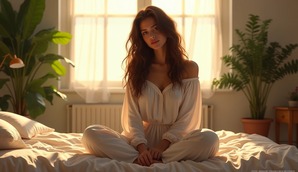 (photorealism:1.2), beautiful woman, sitting on bed, wearing loose off-shoulder top, pajama pants, long curly hair, indoors, soft lighting, plants in background, window with sunlight, cozy room, relaxed pose, realistic, intricate details, warm colors, by Greg Rutkowski, by Alphonse Mucha