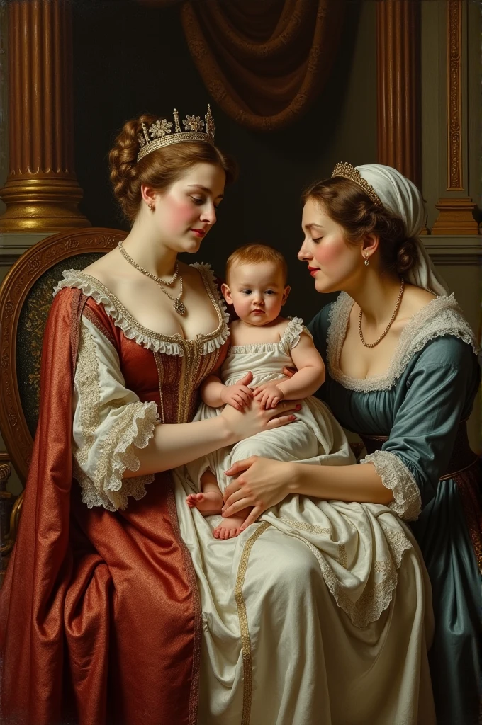 The queen holds her daughter in her lap and a maid sits next to her.