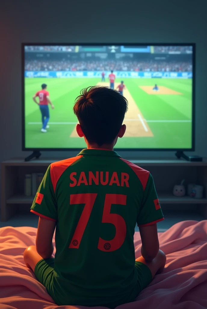 A 18 Year old boy is sitting in his room watching a Bangladesh cricket match on TV. The boy name is "Sanuar" The boys is wearing a Bangladesh cricket jersey. The Boy name is Written on the back of his jersey. Jersey number 75.