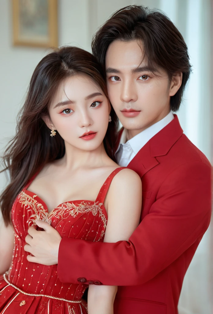 (Reality:1.4), best quality, masterpiece, Ultra-high resolution, 1 boy, duo, 1 girl, wearing red clothes, (Delicate face:1.2), (exquisite eyes:1.2), (fine hair:1.2), (Detailed clothes:1.2), 4K, male, (close eyes)