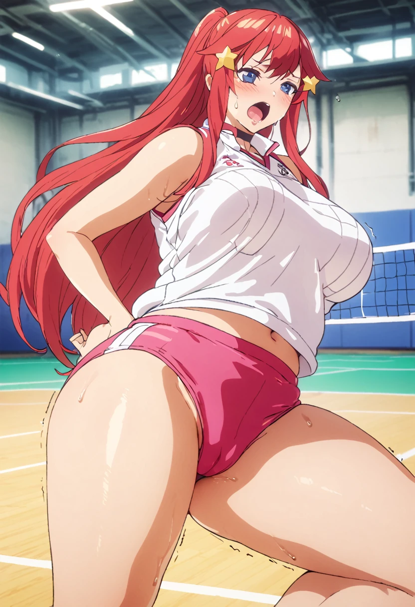 (Highest quality, 4K, 8k, High resolution, masterpiece:1.2), Very detailed, Picturesque, Animated Photography, Photo Animation:1.37)、Japanese schoolgirl、(Red Hair)、(Long Hair)、(yellow star hair ornament)、(white Volley Uniform:1.3),(pink buruma:1.4),Volley Uniform,sports shoes,tight clothes,Pink pantybriefs,(plump thighs:1.1),cameltoe,
(indoor volleyball court:1.3),Black choker、Ecstasy face、Sweat、Are crying、vapor、trembling、Nakano May