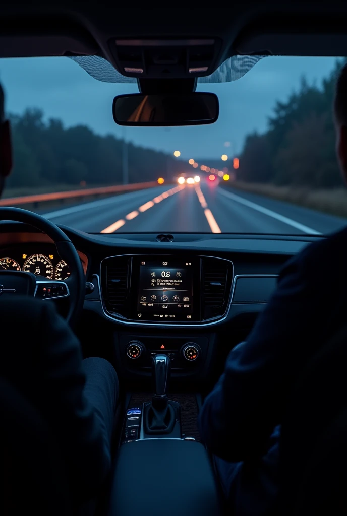 cookpit of a volvo on a highway at night without showing the driver