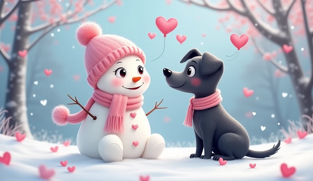 A charming fluffy white snowman wearing a light pink knitted hat and a light pink scarf with a heart design is takling with a big black dog. The snowman has bright, sparkling black stone coal eyes and a delicate, happy expression. It sits in an enchanting winter setting with light pink heart-shaped balloons and heart-shaped snowflakes drifting around. The surrounding trees are laden with snow and the sky above glows with a gentle twilight blue, contributing to a magical and affectionate mood. The image should embody a cartoon-like and extremely adorable style, with a soft-focus background to amplify the fairy-tale-like ambiance of the composition.