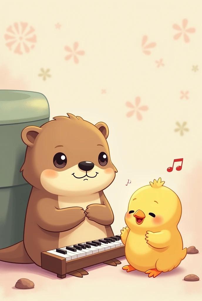 An otter playing the piano and a chick clapping, drawn as kawaii emojis