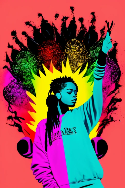 A background filled with scattered musical notes in various sizes and colors、
Creative logo illustration of a silhouette with dreadlocks and red headphones,
A background completely filled with scattered musical notes in various sizes and colors, covering the entire screen.
beautiful girl colorful image
Dance hiphop Dance CREW Waacking Dance
Punking
black medium hair black medium hair
Five fingers Baggy clothes Baggy clothes