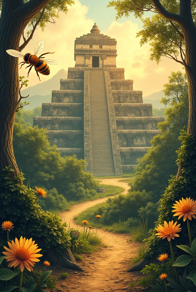 label with floating bee design or honeycomb panel, Mayan city tikal, guatemala, with the brand name "Honey of eternal spring" Origin "guatemala"