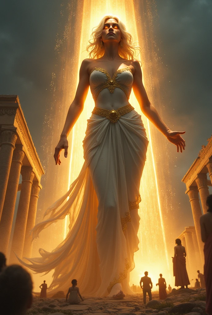 Create a giant woman, goddess, cleavage, thigh, elegant white golden gown, standing on greek city, people below looking up at her, divine powers, glowing eyes, night time, diving powers, magical powers, glowing eyes