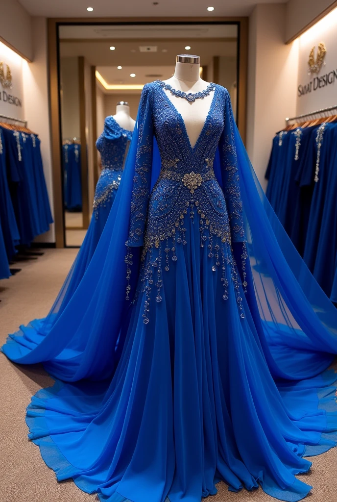 Arabic dress studded with blue stone step and beads displayed in a long store with a blue jacket, royal dress, gown, long dress luxurious flowing, wide, elegant, royal dress, blue dresses - robes, robe - robe. High detail, Evening dresses only!, Unusual Dresses - Dresses! Owned, Royal Blue Royal, Embellished Royal Gown, Flowing Gown, By Gabrielle Ba, Beautiful, By Elena Goro, Written On The Wall Trade Name Sanat Design,