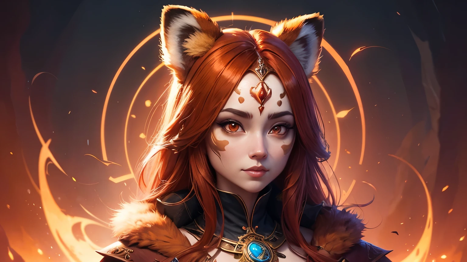 An anthropomorphic female sorceress red panda, with symmetrical face and intricate details, on a vibrant panoramic background, illuminated by soft magical lights, 2D digital style by Wlop and Artgerm.