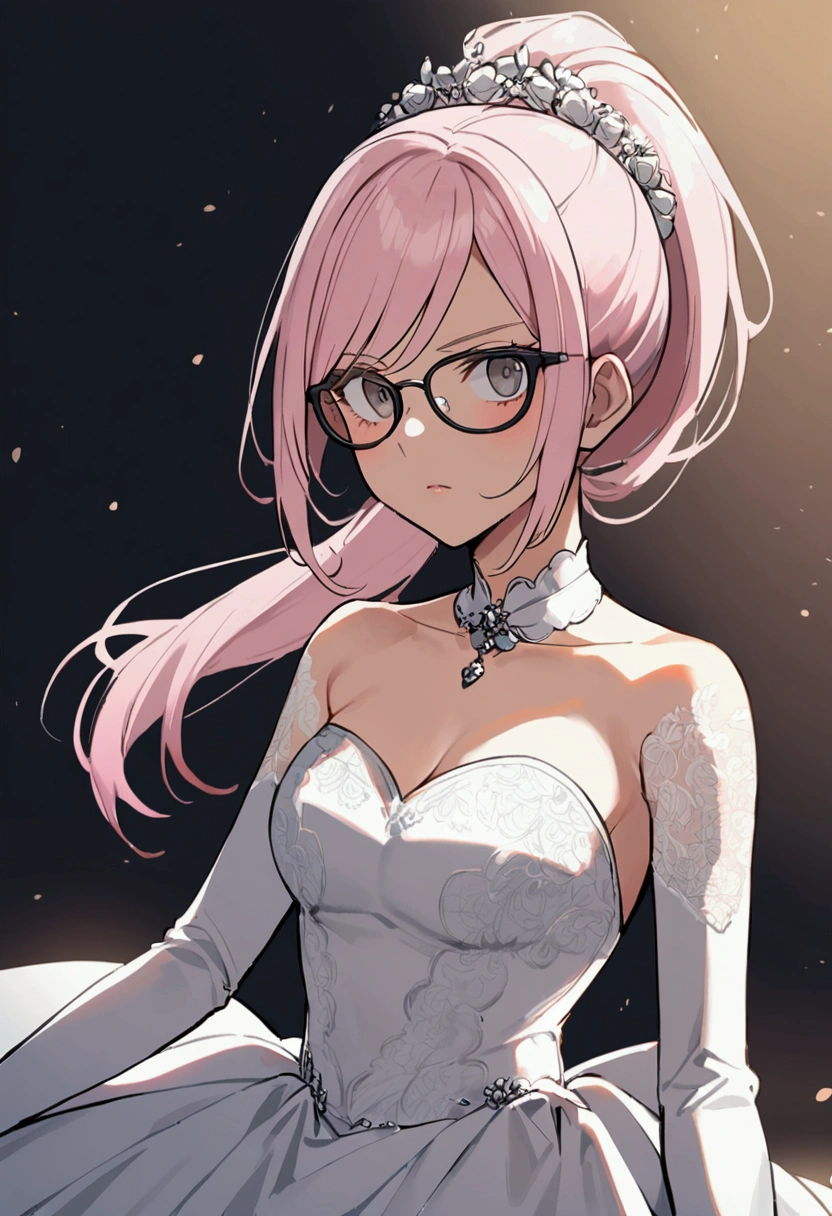 20 years old girl, light pink hair, high straight ponytail, no bangs, gray eyes, single eyelids, yellow-rimmed glasses, wearing a wedding dress