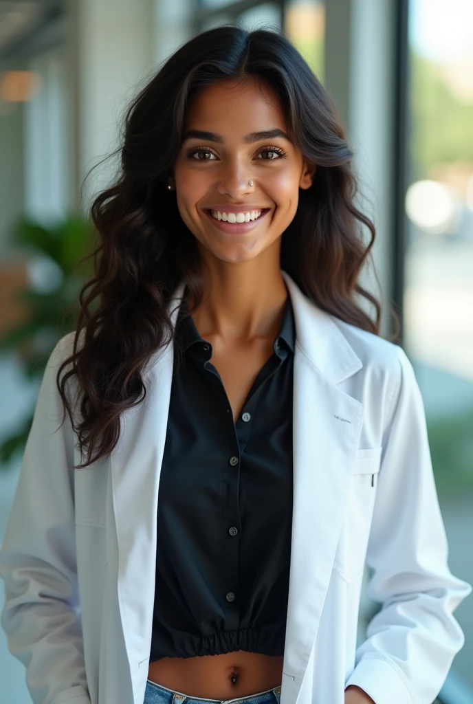A young Brazilian girl psychologist, with wavy black hair 3b, displaying a natural, well-groomed glow. Her brown eyes reflect a happy and innocent look, highlighting your loving expression, your brown skin, Dressed in a high black blouse and light jeans, combined with a psychology lab coat conveying a professional image, The hospital office environment is bright and professional, The psychologist shows an insecure but excited expression.