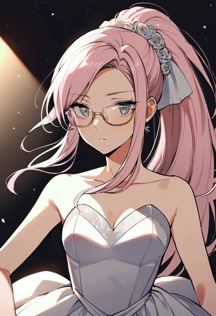 20 years old girl, light pink hair, high straight ponytail, no bangs, gray eyes, single eyelids, yellow-rimmed glasses, wearing a wedding dress