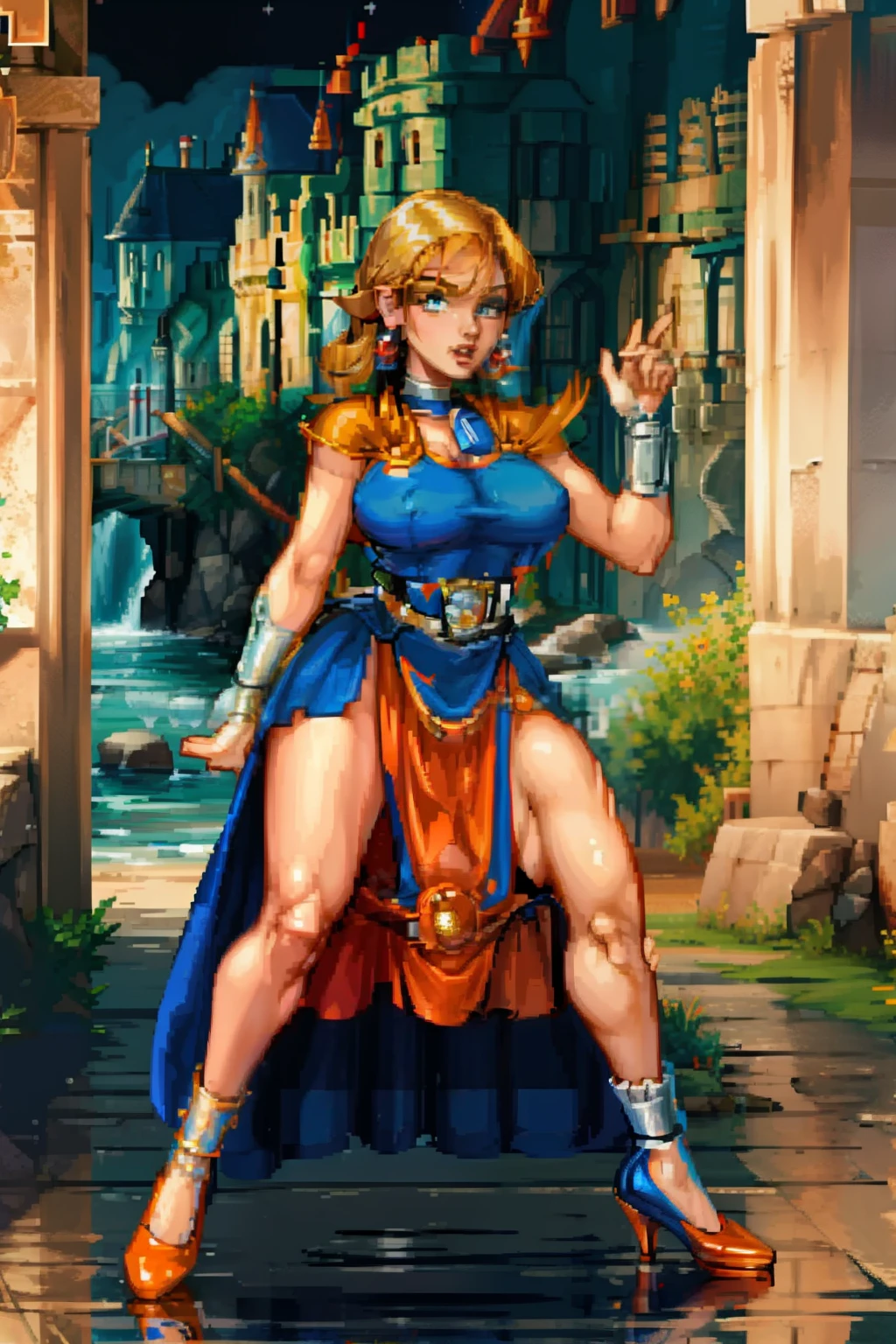 masterpiece, of the highest quality, (((dq blanca))), single sheet, earrings, choker, orange cape, (green dress), belt, socks, heels, looking at the viewer, big breasts, stockings, hig heels, gigantic breasts