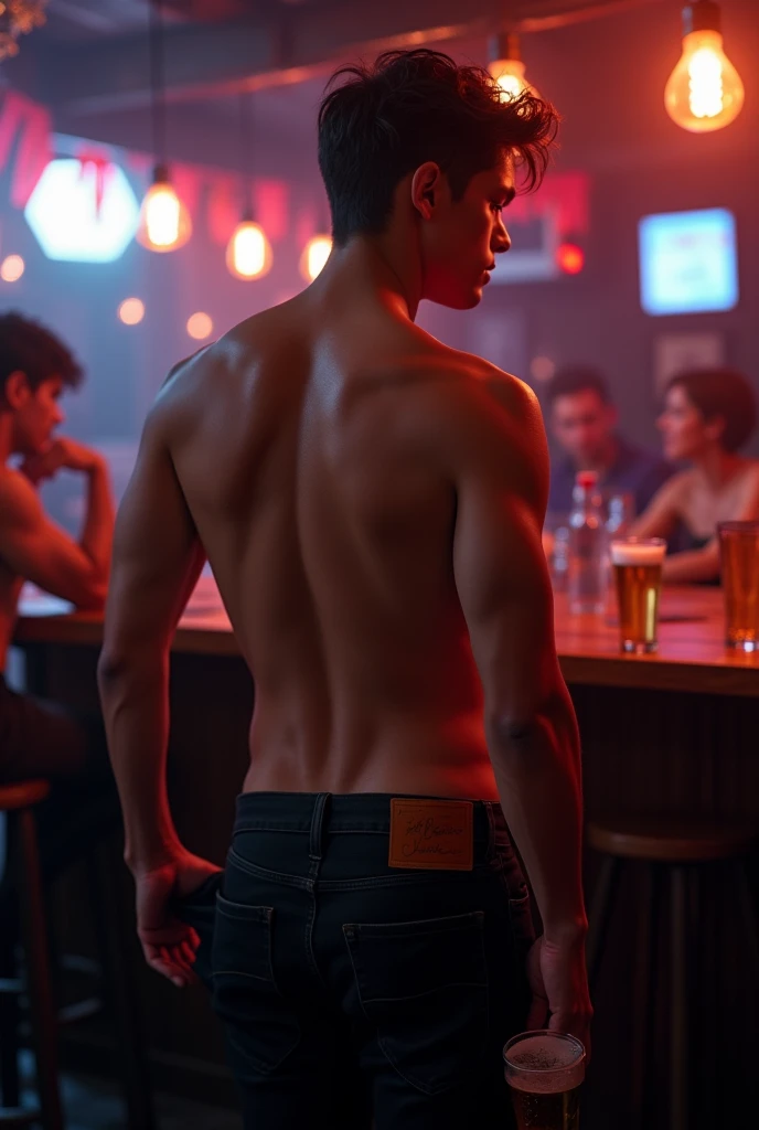 Young handsome cute beautiful skinny white face without shirt with cowboy in a bar with beer in his hand from behind with black jeans lowering his pants showing a part of his intimate butt