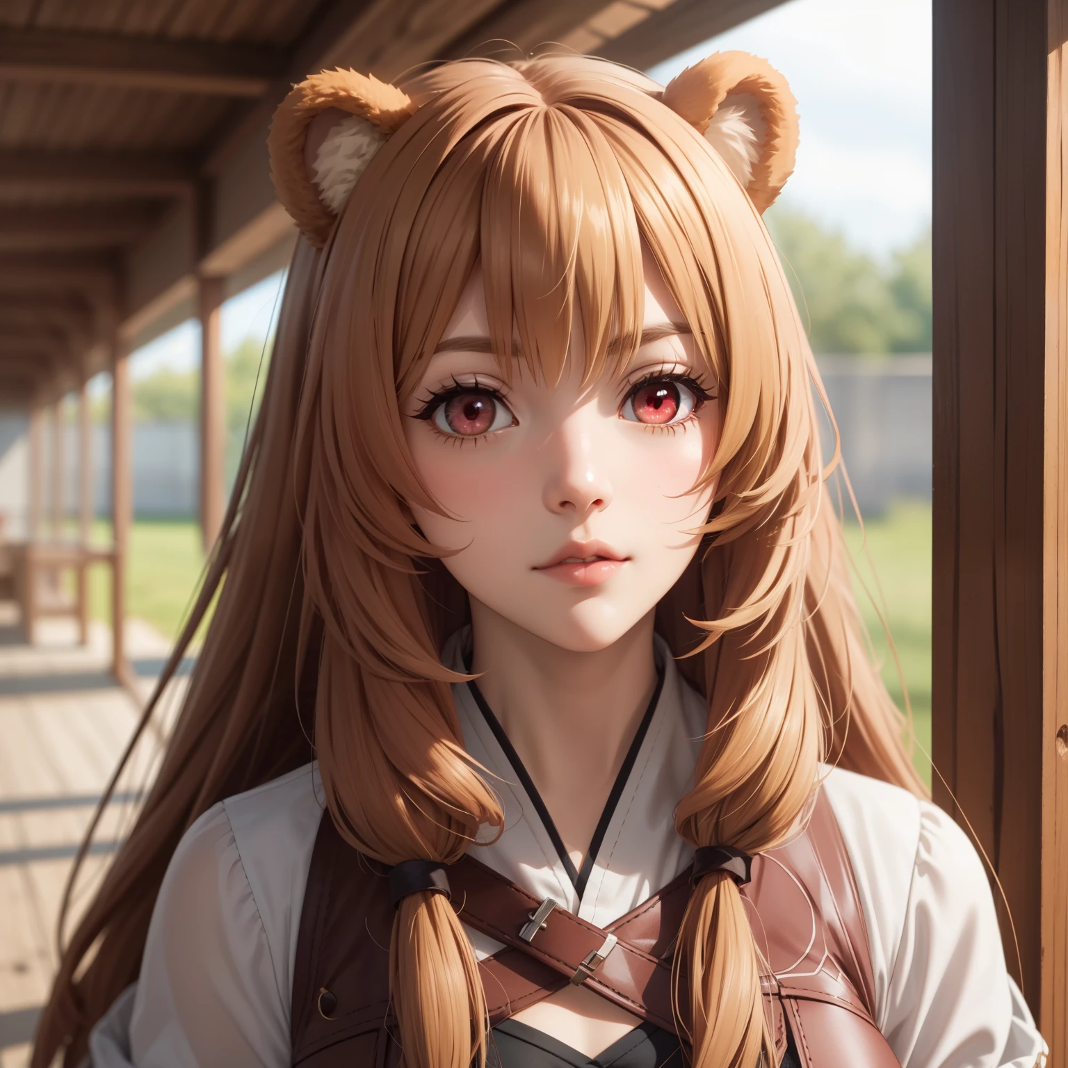 Raphtalia, woman 2 blonde hair , bear ears, Red eyes como rubíes. Red eyes, 