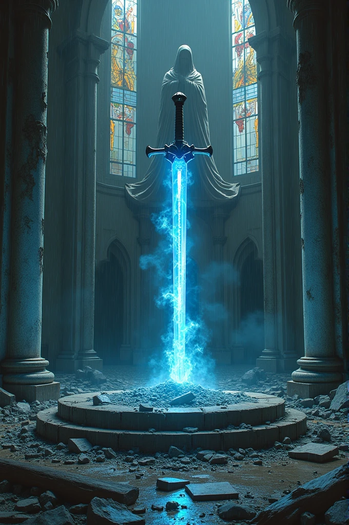 A church destroyed by fire and deteriorated by the passage of time and rain, In the background a sword shining like blue fire nailed to the altar and in the background a statue resembling Jesus