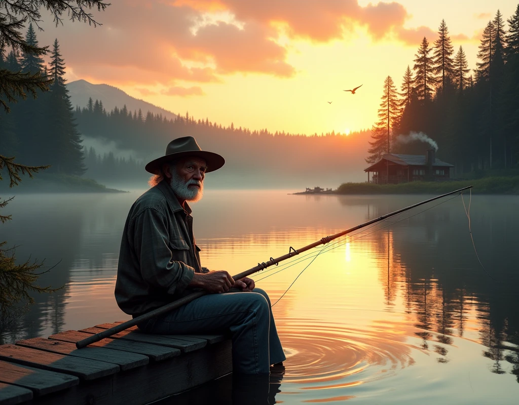 An elderly man with a weathered face and silver hair is sitting on the edge of a wooden dock, fishing in a serene lake. He is wearing a worn plaid shirt, faded jeans, and a wide-brimmed hat that casts a shadow over his face. His fishing rod is old but well-kept, with a line that dips into the calm water, creating gentle ripples. The background features a dense forest with tall, green pine trees, their reflections shimmering on the lake's surface. The sky above is a mixture of warm oranges and soft purples as the sun sets, casting a golden glow over the scene. A few birds fly in the distance, and small waves gently lap against the dock, enhancing the peaceful ambiance. Nearby, a small, rustic cabin with smoke curling from its chimney nestles among the trees, adding to the sense of tranquility