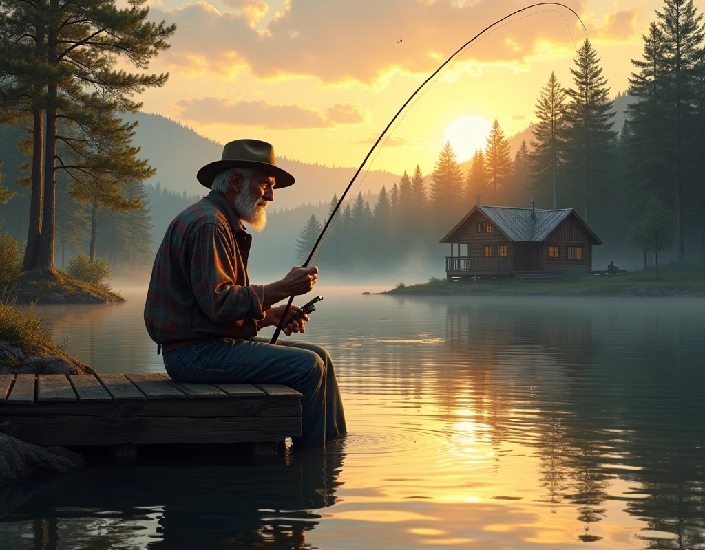 An elderly man with a weathered face and silver hair is sitting on the edge of a wooden dock, fishing in a serene lake. He is wearing a worn plaid shirt, faded jeans, and a wide-brimmed hat that casts a shadow over his face. His fishing rod is old but well-kept, with a line that dips into the calm water, creating gentle ripples. The background features a dense forest with tall, green pine trees, their reflections shimmering on the lake's surface. The sky above is a mixture of warm oranges and soft purples as the sun sets, casting a golden glow over the scene. A few birds fly in the distance, and small waves gently lap against the dock, enhancing the peaceful ambiance. Nearby, a small, rustic cabin with smoke curling from its chimney nestles among the trees, adding to the sense of tranquility