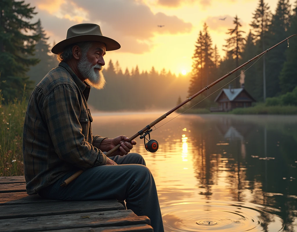 An elderly man with a weathered face and silver hair is sitting on the edge of a wooden dock, fishing in a serene lake. He is wearing a worn plaid shirt, faded jeans, and a wide-brimmed hat that casts a shadow over his face. His fishing rod is old but well-kept, with a line that dips into the calm water, creating gentle ripples. The background features a dense forest with tall, green pine trees, their reflections shimmering on the lake's surface. The sky above is a mixture of warm oranges and soft purples as the sun sets, casting a golden glow over the scene. A few birds fly in the distance, and small waves gently lap against the dock, enhancing the peaceful ambiance. Nearby, a small, rustic cabin with smoke curling from its chimney nestles among the trees, adding to the sense of tranquility