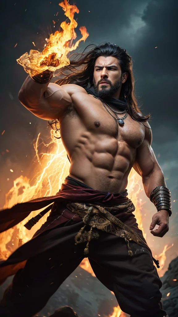 a fierce male deity, muscular and rugged physique, powerful and commanding presence, intense expression, furrowed brows, piercing eyes, dominant and determined, wild flowing hair, traditional ancient armor, intricate patterns, divine status, stormy dark sky, flashes of lightning, strong aggressive stance, ready to unleash wrath, swirling winds and flames, unstoppable power, best quality, 4k, 8k, highres, masterpiece:1.2, ultra-detailed, realistic, photorealistic, photo-realistic:1.37, HDR, UHD, studio lighting, ultra-fine painting, sharp focus, physically-based rendering, extreme detail description, professional, vivid colors, bokeh, digital painting, cinematic lighting, dramatic atmosphere