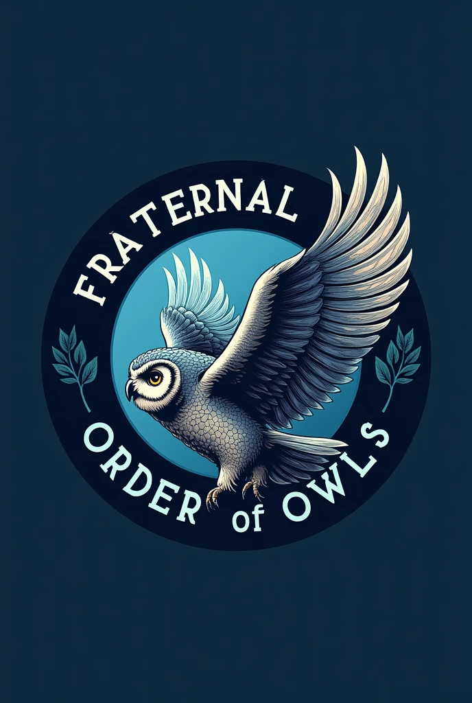 A logo that has an owl flapping its wings, soaring high, which represents strong bond of brotherhood and fraternal ties. The back ground color is blue and the shape of the logo is round. Write the words "The Fraternal Order of Owls" wrapping inside the round shape outline of the logo. The owl shoud be facing towards left, as if like flying looking for a prey.