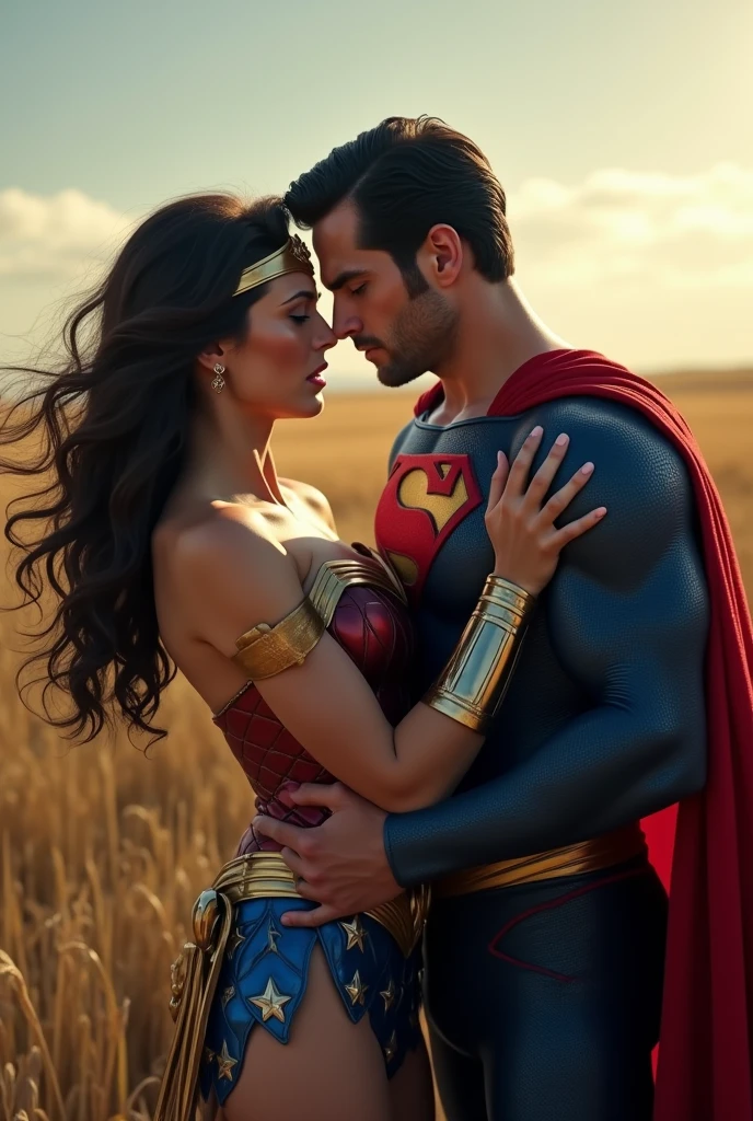 ((Photorealistic)) Wonder Woman with a shock pain face leaning forward. Background, superman standing close behind wonder woman holding arms tightly, stopping her from leaving and a farm field