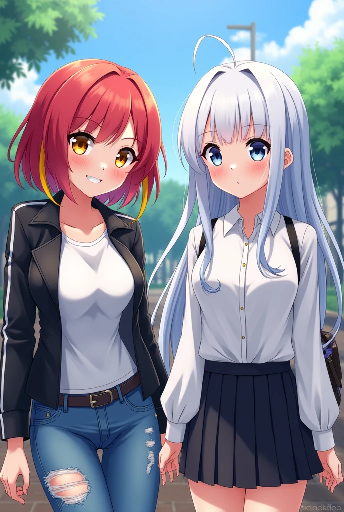 2 girls, busty, schoolyard, BREAK (masterpiece:1.2), best quality, high resolution, unity 8k wallpaper, (illustration:0.8), (beautiful detailed eyes:1.0), extremely detailed face, perfect lighting, extremely detailed CG, (perfect hands, perfect anatomy), (1 girl, busty, with short red hair and yellow streaks, yellow eyes, black leather jacket, white t-shirt, torn jeans, mischievous smile), (1 girl, busty, with long straight white hair with blue streaks, light blue eyes, white blouse, black pleated skirt, cold face), hot anime style