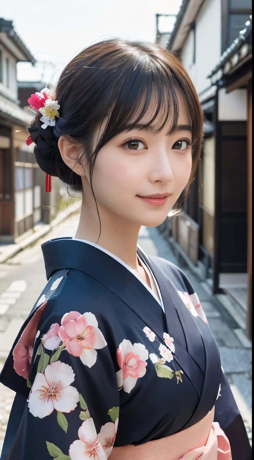 Professional Lighting,(Photorealistic:1.4), (Top image quality:1.0), (超High resolution:1.0), 8k, Raw photography, (masterpiece:0.2), (Facing the children_v1:0.5)、(最高quality Detail:1.2)、Realistic、8k UHD、High resolution、(1 person:1.2)、超detailedな、High quality textures、複雑なdetailed、detailed、Very detailed CG、High quality shadows、detailed 美しく繊細な顔、Beautiful details and a delicate eye、(Symmetrical eyes:1.2),Written boundary depth、Ray Tracing,1 person, Japanese, (Natural smile:1.4),cute, thin, Portrait of a beautiful Japanese woman in a kimono, Standing elegantly on a street corner in Kyoto. Kimono with vibrant traditional patterns, Hair decorated with elegant and delicate hairpins, Gentle expression. (With the old streets of Kyoto in the background:1.4)、The soft light of a spring afternoon、Adding tranquility to the scene. Rendered in a Realistic style with great attention to detail, High resolutionの画像.Sky Porn, Magic Hour, (Realistic:1.3), finely, quality, (Tabletop:1.2), (Realistic:1.2), (最高quality), (複雑なdetailed), dramatic, Ray Tracing, photograph, +roller