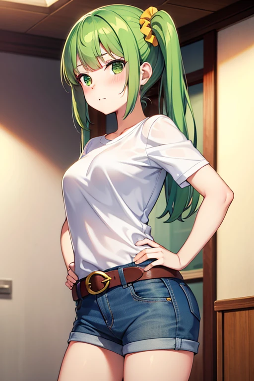 best quality, masterpiece, highres, solo, {futaba_sana_puellamagimadokamagicasidestorymagiarecord:1.15}, bangs, sidelocks, blunt_bangs, twintails, green_hair, wavy_hair, medium_hair, green_eyes, hair_ornament, blush, dot_nose, closed_mouth, aqua_hair, scrunchie, yellow_scrunchie, hair_scrunchie, 1girl, ,arms_at_sides, looking_at_viewer, hands own hips, white shirt, belt, denim_shorts, shorts_rolled