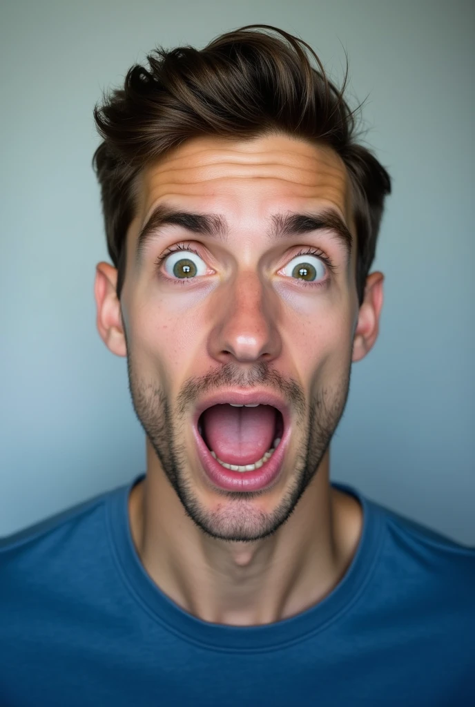 A shocked man image small hair good looking man with blue tshirt