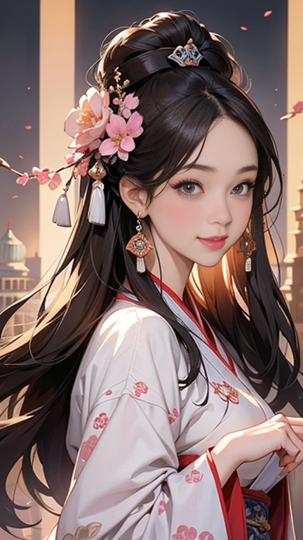 ( High resolution、 masterpiece、Highest quality、8k)、Tang Dynasty Buildings、Tang Dynasty China、Tang Dynasty China、(Young and beautiful woman、Beautiful Face、Beautiful Face、Cute nose、Pretty lips)、Pink and light colored Hanfu、(whole body)、Brown and black round bun hairstyle、Smiling Eyes、Holding、Cute action、Fingers on the chin、background、Tang Dynasty Buildings、Chang&#39;an city in the Tang Dynasty、Plum blossom、river view、Riverside city lights、Lantern Light、A complete portrayal、Detailed anime art、Detailed CG、