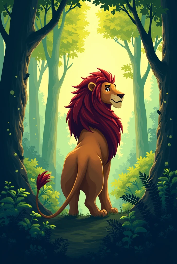 create a cartoon lion photo with its back to the photo with a view of the surrounding forest, make the photo landscape