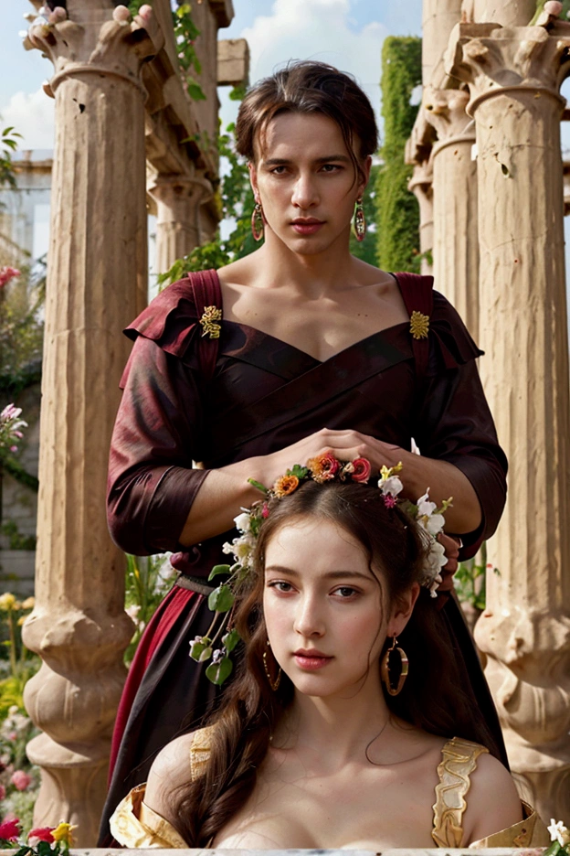 ((Baroque painting of two men and women)) Earrings, Beautiful and sensual young man, Lewd and naughty face, Wearing red clothes, Victorian era style black and gold outfit, Clean your eyes, Sexy and well-shaped mouth, Long, silky hair that falls over the shoulders, ((Looking into the camera)), ((Embracing in a garden with flowers and Greek columns)). Cinematic
