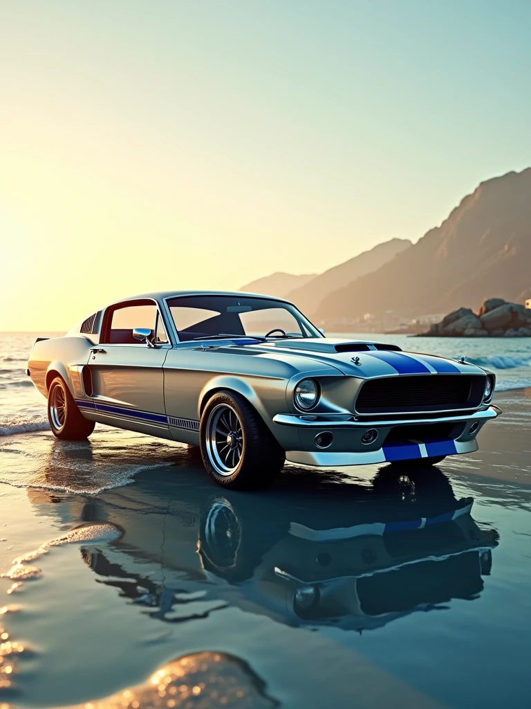 A mesmerizing 4K ultra HD 3D render of a 1967 ford mustang eleanor, showcasing its sleek silver and lines blue vibrant The pristine shores of Dubai serve as the perfect backdrop, with the clear blue waters of the Arabian Sea gently lapping at the shore. The warm golden sunlight creates a luxurious and captivating atmosphere, as it reflects off both the polished car and the shimmering waters.