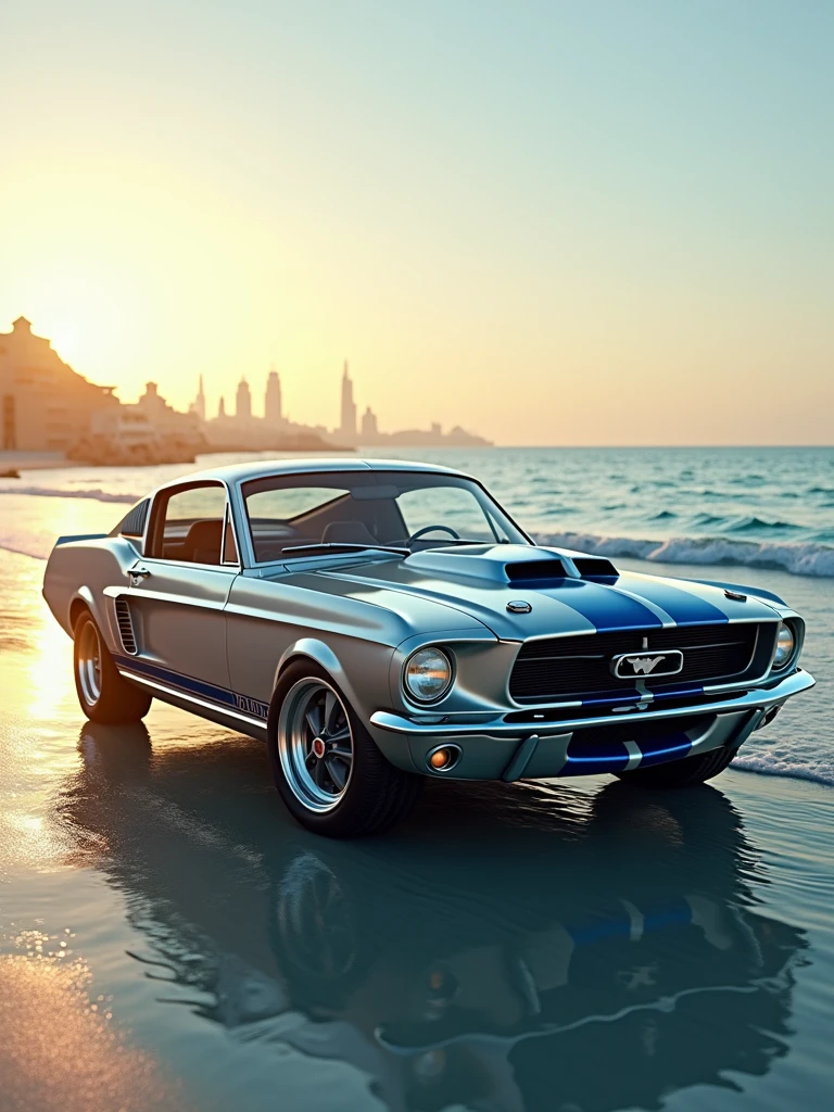 A mesmerizing 4K ultra HD 3D render of a 1967 ford mustang eleanor, showcasing its sleek silver and lines blue vibrant The pristine shores of Dubai serve as the perfect backdrop, with the clear blue waters of the Arabian Sea gently lapping at the shore. The warm golden sunlight creates a luxurious and captivating atmosphere, as it reflects off both the polished car and the shimmering waters.
