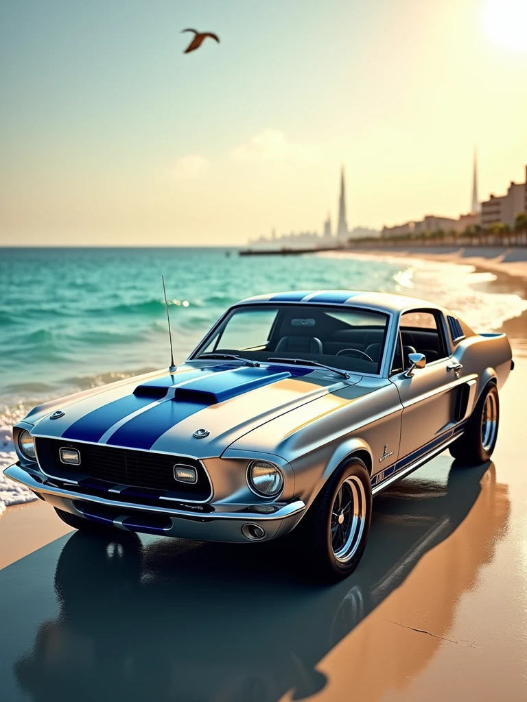 A mesmerizing 4K ultra HD 3D render of a 1967 ford mustang eleanor, showcasing its sleek silver and lines blue vibrant The pristine shores of Dubai serve as the perfect backdrop, with the clear blue waters of the Arabian Sea gently lapping at the shore. The warm golden sunlight creates a luxurious and captivating atmosphere, as it reflects off both the polished car and the shimmering waters.