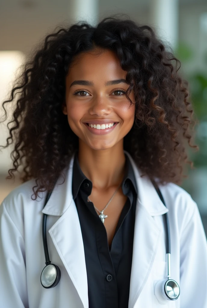 A young Brazilian girl psychologist, with wavy black hair 3b, displaying a natural, well-groomed glow. Her brown eyes reflect a happy and innocent look, highlighting your loving expression, your brown skin, Dressed in a high black blouse and light jeans, combined with a psychology lab coat conveying a professional image, The hospital office environment is bright and professional, The psychologist shows an insecure but excited expression. 