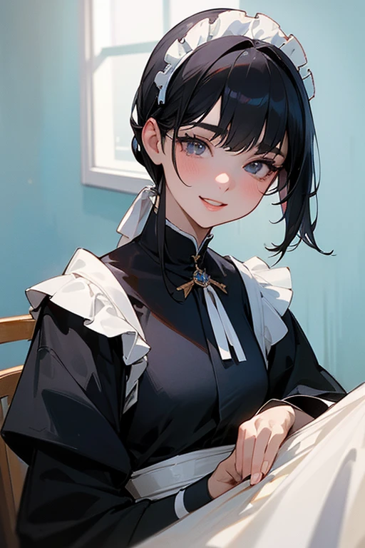 (Highest Resolution, clear_image) Highest quality, single, One woman, alone, masterpiece, Very detailed, Semi-realistic, Black Hairのショートヘア, Black Hair, bangs, 18-year-old, mature, Light blue , Indoor Background, kind, Authoritative, Powerful, exquisite features, exquisite features、Eyelashes become longer、Showing teeth、smile😀、Maid clothes、woman&#39;Fingers in the、Sleeping on the sofa、Long Hair、Fluttering in the wind、((Change of clothes)).