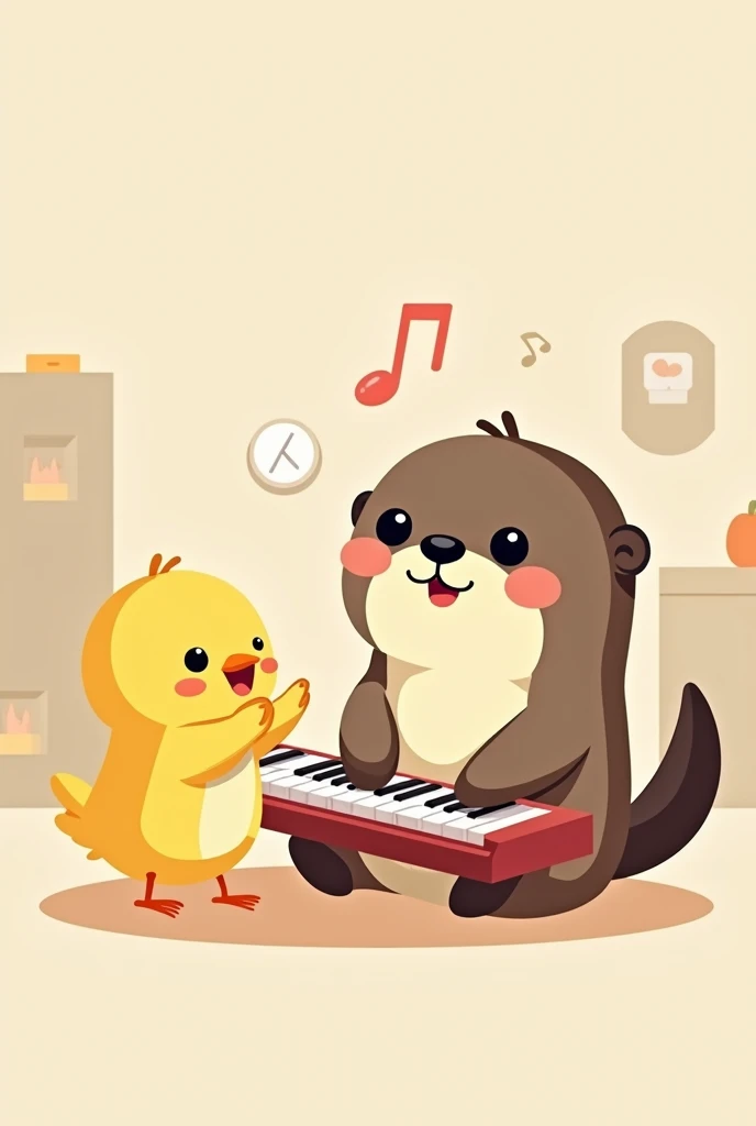 An otter playing the piano and a chick clapping, drawn as kawaii emojis