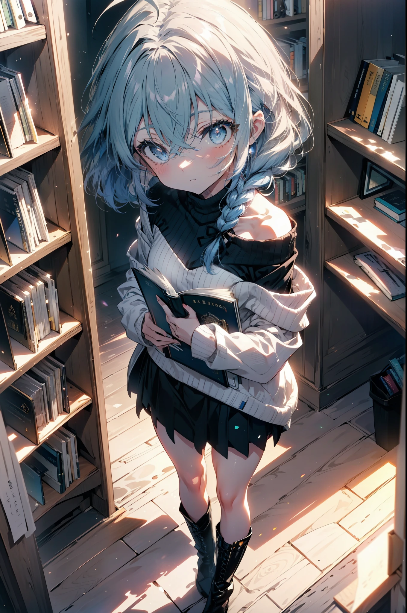 Roxymigurdia, Roxy, Ahoge, Black Ribbon, blue eyes, Blue Hair, , Hair between the eyes, Hair Ribbon, Long and thick twin braids,Blue one-shoulder sweater,mini skirt,black tights,short boots,Holding a book in both arms,Grimoire,Are standing,Bookshelf,There is a book on the table,whole bodyがイラストに入る,
break looking at viewer,whole body,
break indoors,figure書館,
break (masterpiece:1.2), Highest quality, High resolution, unity 8k wallpaper, (figure:0.8), (Beautiful attention to detail:1.6), Highly detailed face, Perfect lighting, Highly detailed CG, (Perfect hands, Perfect Anatomy),