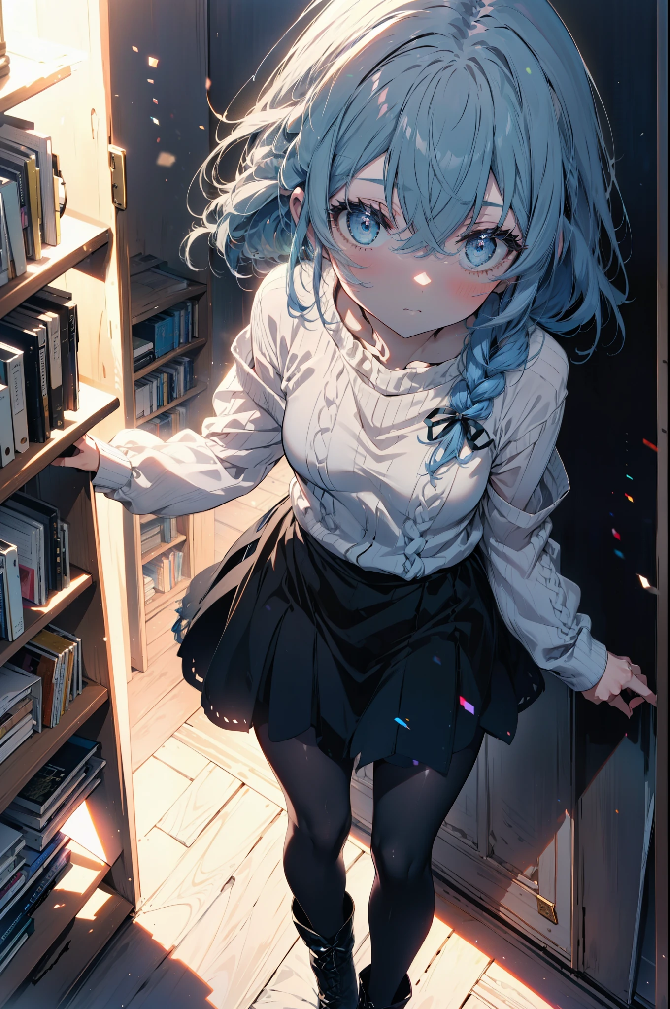 Roxymigurdia, Roxy, Ahoge, Black Ribbon, blue eyes, Blue Hair, , Hair between the eyes, Hair Ribbon, Long and thick twin braids,Blue one-shoulder sweater,mini skirt,black tights,short boots,Holding a book in both arms,Grimoire,Are standing,Bookshelf,There is a book on the table,whole bodyがイラストに入る,
break looking at viewer,whole body,
break indoors,figure書館,
break (masterpiece:1.2), Highest quality, High resolution, unity 8k wallpaper, (figure:0.8), (Beautiful attention to detail:1.6), Highly detailed face, Perfect lighting, Highly detailed CG, (Perfect hands, Perfect Anatomy),