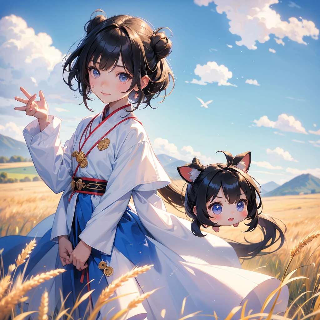 A chibi child girl had a small face and Wearing white little Taoist priest's outfit. A pair of big round eyes shone with curiosity about him. This child was so cute, Standing in the middle of a wheat field, behind which are mountains, there are low clouds floating in the blue sky.
her hair is black with two buns on her hair.small chibi, chibi baby, smiling ,Chibi.