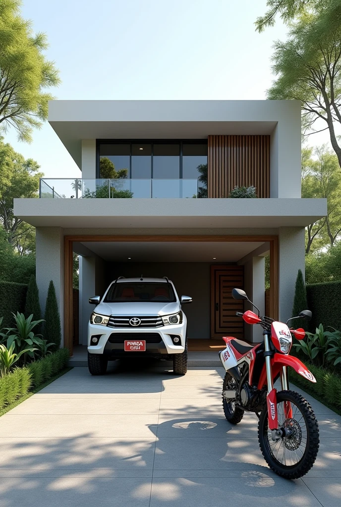 Create a modern house where you can see a white Toyota Hilux in the garage and the license plate holder says "PINEDA", and a Honda CRF 250F cross country motorcycle that says on the mask "PINEDA" 