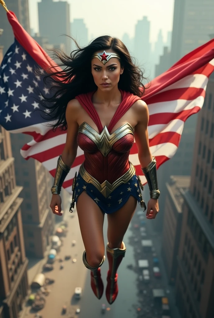 A beautiful woman with long black hair under the cloak of the Amazon warrior Wonder Woman, red boots and bracelets with a silver red star, a silver headband with a red star on her forehead flying over an apocalyptic city skyscrapers (((This woman has the ability to fly with a cape. This cape has the colors and stars of the United States. )))