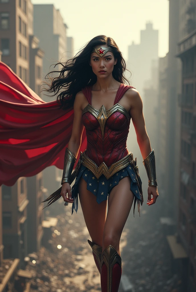A beautiful woman with long black hair under the cloak of the Amazon warrior Wonder Woman, red boots and bracelets with a silver red star, a silver headband with a red star on her forehead flying over an apocalyptic city skyscrapers (((This woman has the ability to fly with a cape. This cape has the colors and stars of the United States. )))