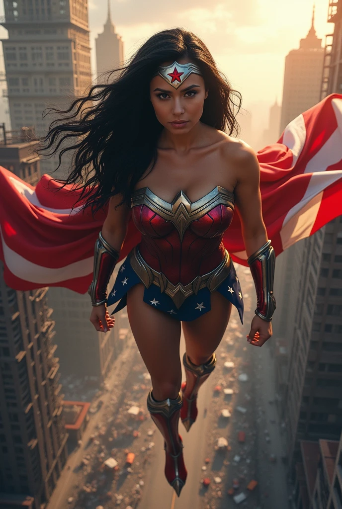 A beautiful woman with long black hair under the cloak of the Amazon warrior Wonder Woman, red boots and bracelets with a silver red star, a silver headband with a red star on her forehead flying over an apocalyptic city skyscrapers (((This woman has the ability to fly with a cape. This cape has the colors and stars of the United States. )))