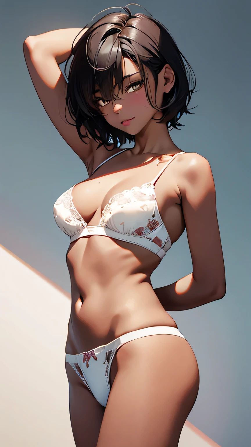 Highest quality、Realistic、、zoom、Girl、look up、cute、Light grey eyes、Black Hair、short hair、Tanned brown skin、Dark Skin、Character print white bra、Character print white panty、Shy laugh、Flat Chest、Bust Shot、Low - Angle、thin、Changing clothes、Stripping scene