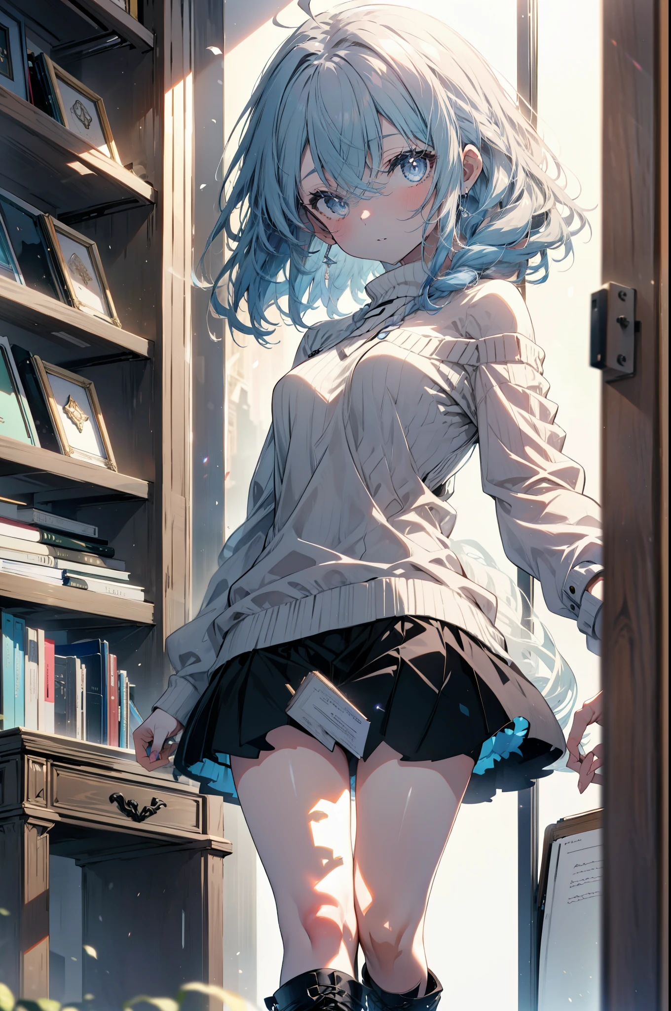 Roxymigurdia, Roxy, Ahoge, Black Ribbon, blue eyes, Blue Hair, Braiding, Hair between the eyes, Hair Ribbon, Long Hair, twin Braidings, very Long Hair, Blue one-shoulder sweater,mini skirt,black tights,short boots,Book with both arms　Holding a spell book,Grimoire,Are standing,Bookshelf,There is a spellbook on the table,whole bodyがイラストに入る,
break looking at viewer,whole body,
break indoors,figure書館,
break (masterpiece:1.2), Highest quality, High resolution, unity 8k wallpaper, (figure:0.8), (Beautiful attention to detail:1.6), Highly detailed face, Perfect lighting, Highly detailed CG, (Perfect hands, Perfect Anatomy),