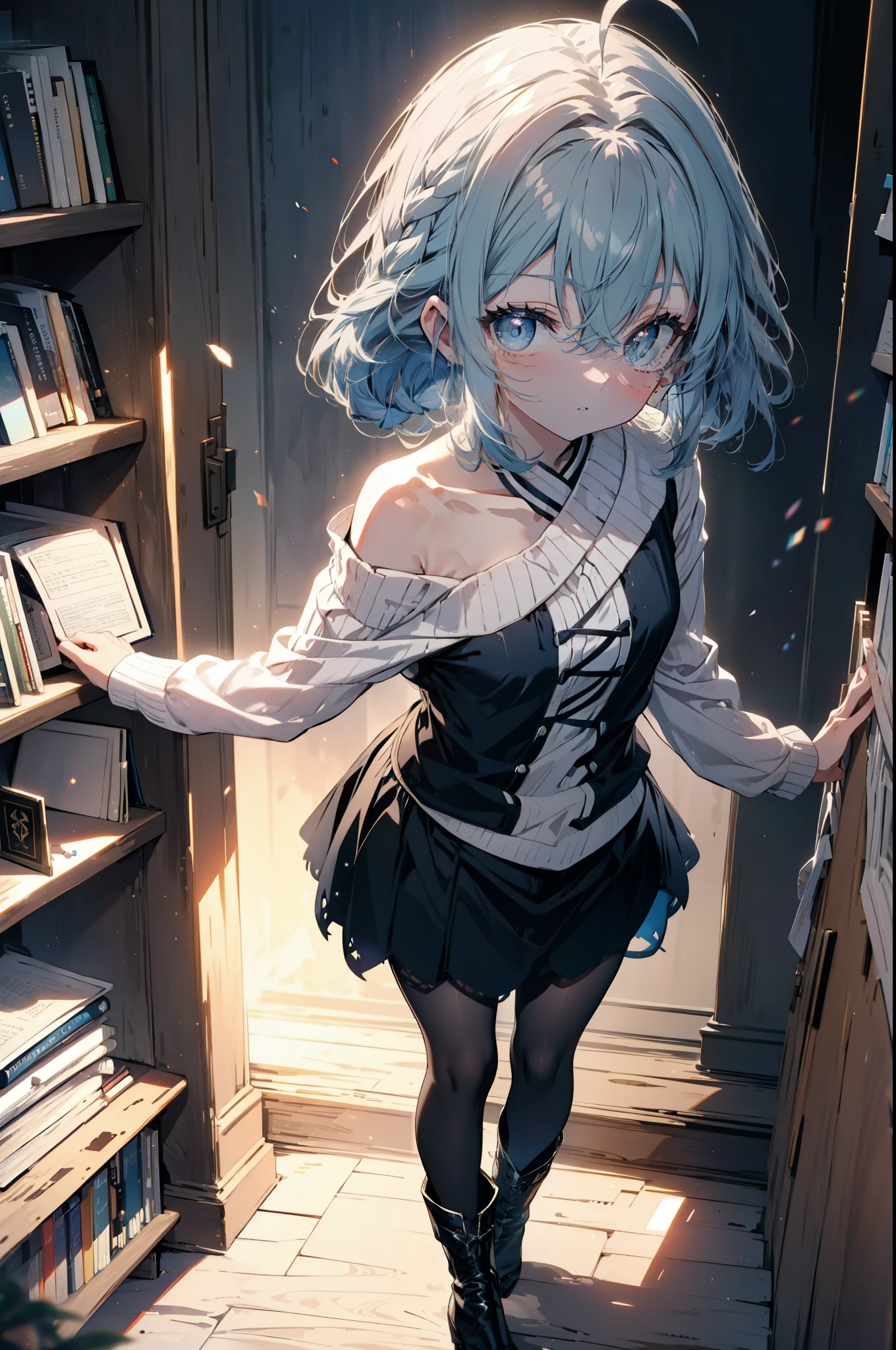 Roxymigurdia, Roxy, Ahoge, Black Ribbon, blue eyes, Blue Hair, Braiding, Hair between the eyes, Hair Ribbon, Long Hair, twin Braidings, very Long Hair, Blue one-shoulder sweater,mini skirt,black tights,short boots,Book with both arms　Holding a spell book,Grimoire,Are standing,Bookshelf,There is a spellbook on the table,whole bodyがイラストに入る,
break looking at viewer,whole body,
break indoors,figure書館,
break (masterpiece:1.2), Highest quality, High resolution, unity 8k wallpaper, (figure:0.8), (Beautiful attention to detail:1.6), Highly detailed face, Perfect lighting, Highly detailed CG, (Perfect hands, Perfect Anatomy),