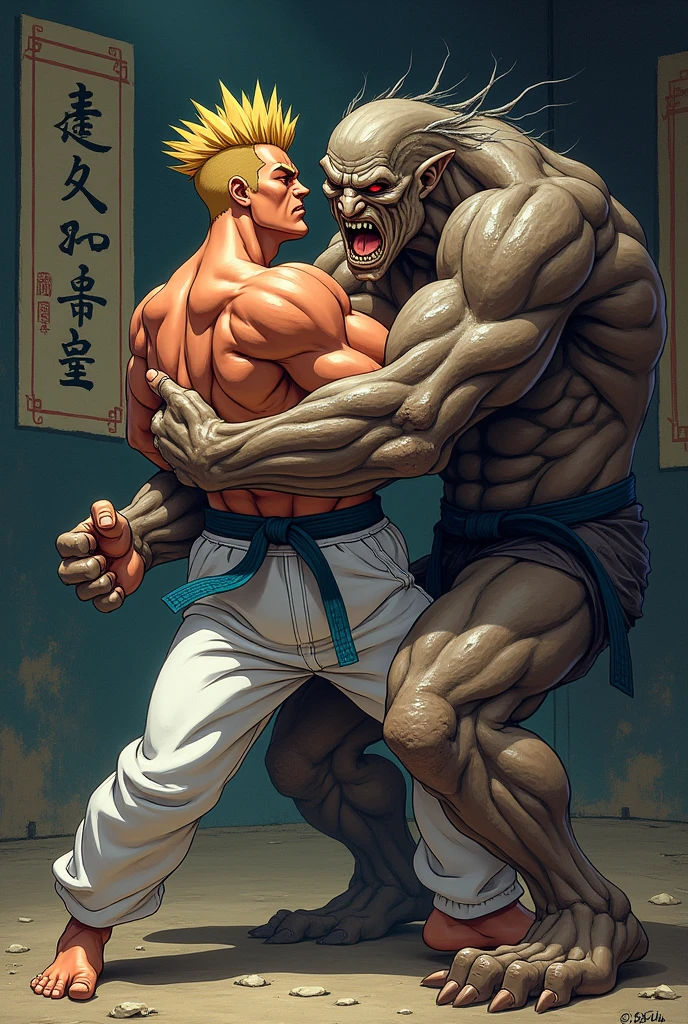 An anime image of johny Bravo choking a monster by its neck in a jiu Jitsu match
